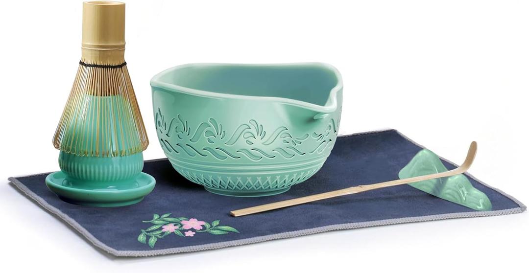 Turquoise Matcha Whisk Set: Ceramic Matcha Kit with Bamboo Chasen & Bowl - Frothy Tea Ceremony, Romantic Morning Ritual - Valentine's Gift for Beginners & Experts