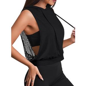 Remidoo Women Fishnet Open Back Sleeveless Hoodies Open Side Hooded Workout Crop Top Athletic Shirt Black X-Large (Black, XL)