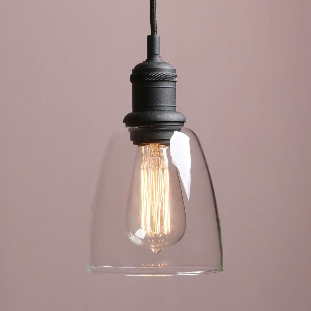 Yosoan 1-Light Vintage Edison Hanging Pendant Light, Indoor Modern Hardwired Mini Oval Cone Clear Glass Shade for Kitchen Bathroom Porch Living Room Dinning Room Office Restaurants Bar Island(Black)