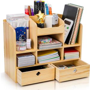 Wooden Desk Organizer with Drawers, Large Countertop Office Supplies Accessories Organization with 10 Compartments, Multifunctional Storage Box Makeup Storage Shelf Rack for Home, Office