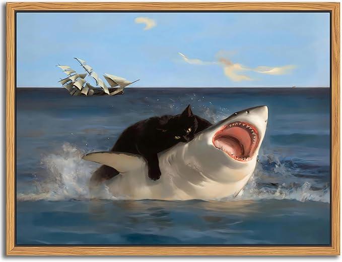 Floating Framed Black Cat Wall Art, Funny Quirky Cat and Shark Pictures Canvas Print, Abstract Black Cat Shark Posters Wall Decor for Room Bedroom Living Room Bathroom Aesthetic 20x20 inch