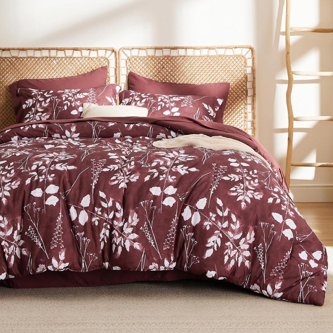 Bedsure Queen Comforter Set - 7 Pieces Floral Burgundy Soft Bedding Sets, Queen Bed in a Bag with Botanical Flowers Comforter, Sheets, Pillowcases & Shams