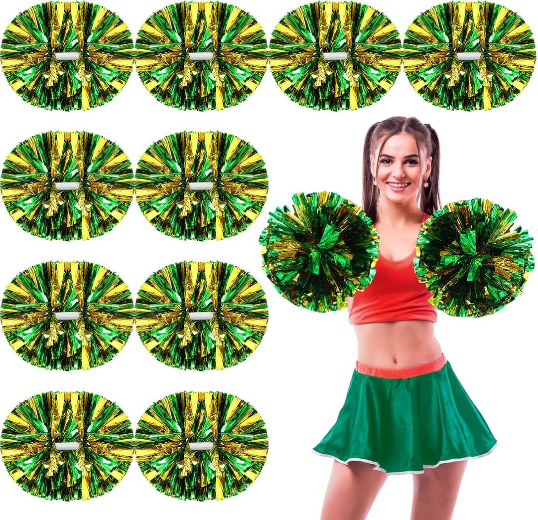 WILLBOND 12pcs Cheerleading Pom Poms Bulk Metallic Foil Cheerleader Pompoms with Baton Handle for 2026 Soccerball Basketball Cheering Squad Team Game Sports Dance Party Spirit (Gold Green)