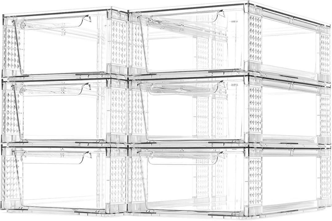 6 Pack Clear Stackable Storage Drawers, 3.95" H Easily Assemble Acrylic Organizer Bins - Multi-Use for Make up, Closet, Pantry, Bathroom, Medicine, Kitchen Cabinet & Undersink Organization