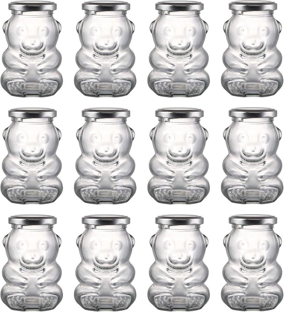 Bekith 12 Pack 12 oz Glass Honey Bear Jar with Silver Lids for Jam, Wedding Favors, Shower Favors, Baby Foods, DIY Magnetic Spice Jars