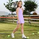 Girls Tennis Dress Sleeveless Pickleball Athletic Dress Golf Outfit with Detachable Built-in Bra & Shorts Pockets, 10-11Y Purple