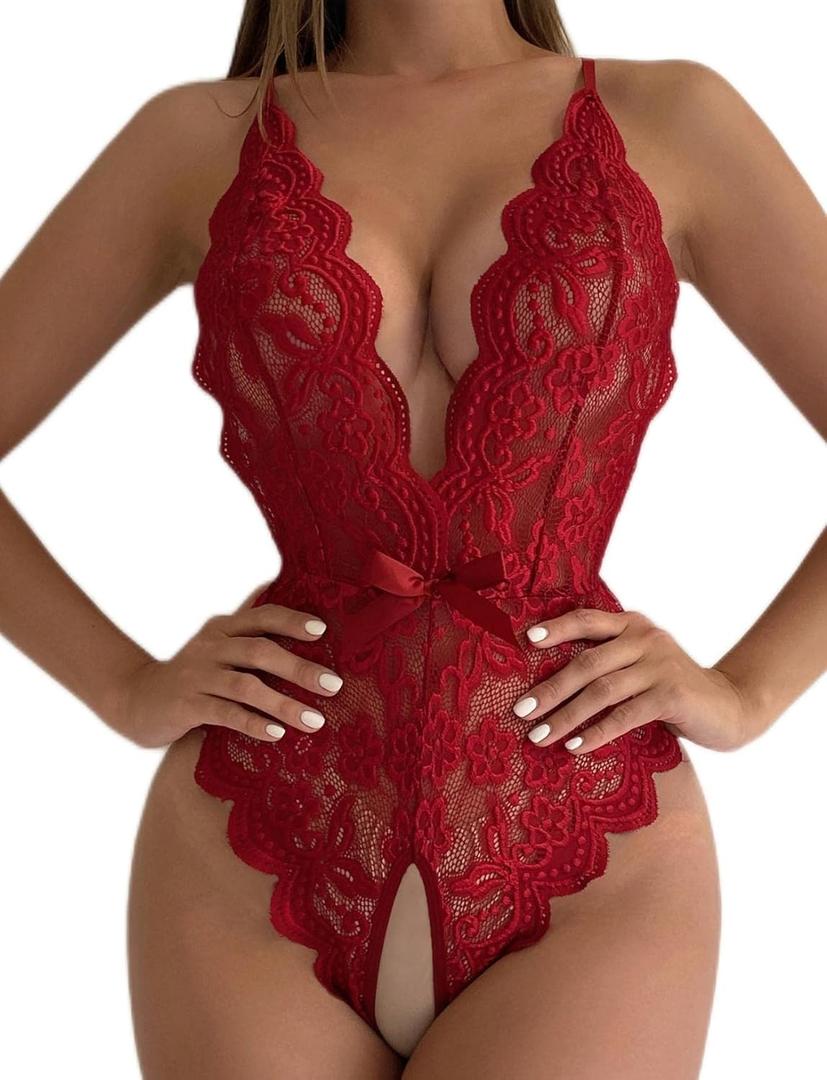 SOLY HUX Women's Floral Lace Scalloped Trim Criss Cross Back Lingerie Teddy Bodysuit S