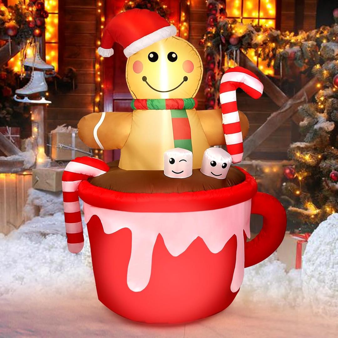 5FT Christmas Inflatable Outdoor Decoration, Gingerbread Man in Coffee Mug Blow Up LED Light Christmas Inflatables Yard Decorations with Build-in LEDs for Indoor Outdoor Garden Party Lawn Xmas Decor