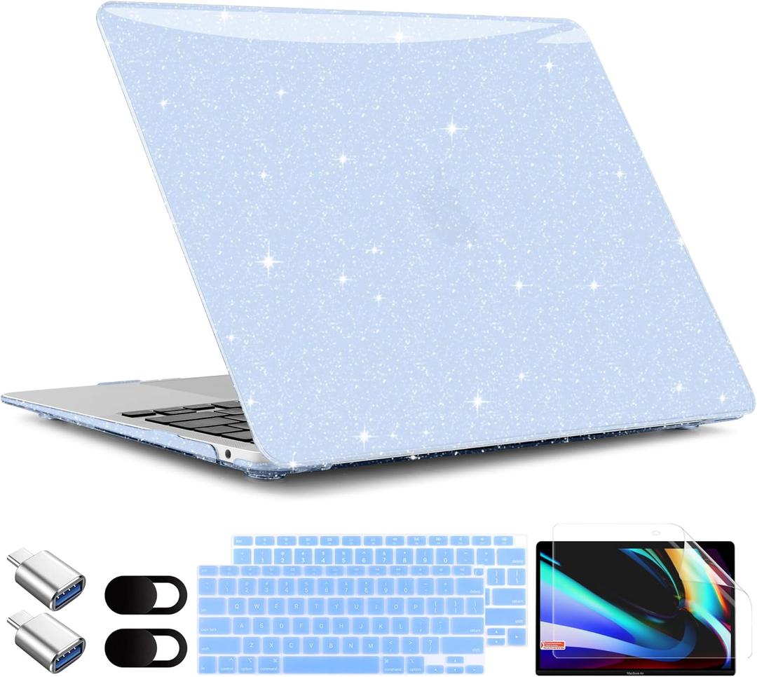 TWOLSKOO Glitter Sparkly Case for MacBook Air 13 Inch, Plastic Hard Shell Case with Keyboard Cover & Type C Adapter 2 Pack & Camera Cover, Star Blue