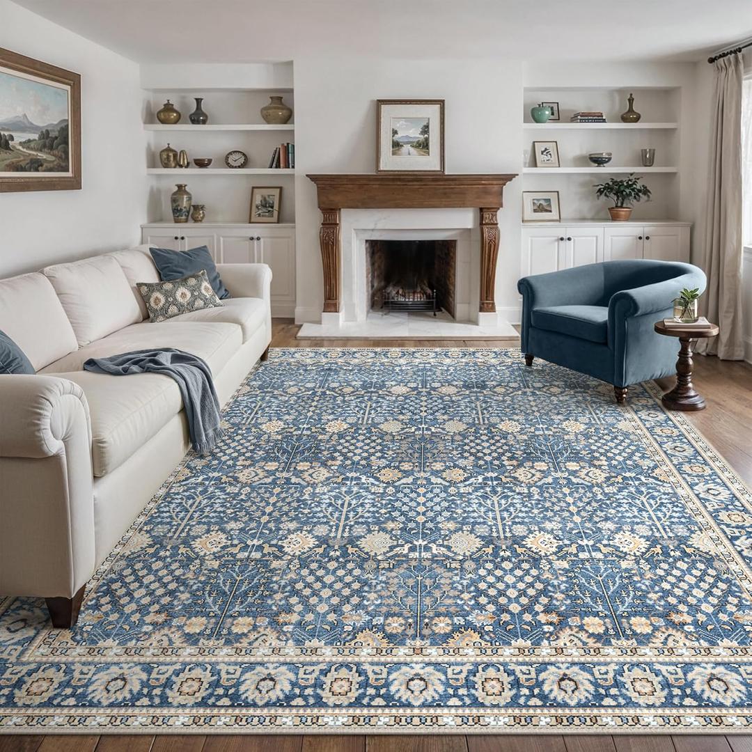 Bavni Washable Rugs 8x10-Machine Washable Rug Lightweight Low Pile, Vintage Floral Rug Non-Shedding Distressed Throw Carpet for Living Room Bedroom Office, Lake Blue