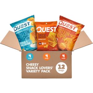 Quest Nutrition Cheese Lovers Variety Pack, Nacho Tortilla Style Protein Chips x4, Cheddar & Sour Cream Chips x4, Cheddar Blast Crackers x4, 12 Count. Best By: 08/10/2026