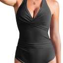 Buauty Women's One Piece Swimsuits Tummy Control Bathing Suits Ruched Halter Push Up V Neck Slimming Swimwear Black M