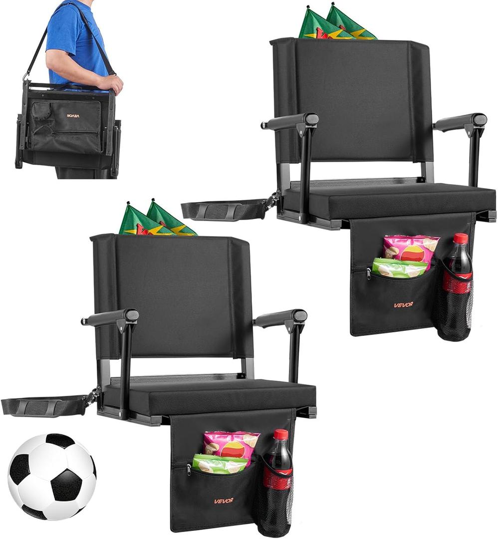 VEVOR Stadium Seat, Portable Bleacher Seat with Armrest, Back Support and Thick Cushion, Bench Chair for Bleacher Includes Shoulder Strap, Hooks, Cup Holder, Black Football Bleachers Seats, 2PCS (Black)