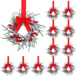 Giegxin 12 Pcs Vintage Small Christmas Wreath for Cabinet Mini Kitchen Wreath with Red Berry Realistic Norfolk Farmhouse Decoration for Xmas Window Indoor Chair Fireplace Porch Candle Decor (No Bows)