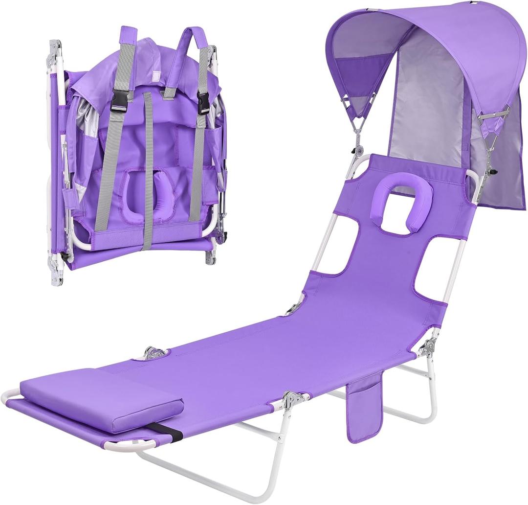 Backpack Beach Tanning Chair with Canopy Sun Shade & Face Hole, 6 Position Folding Lounge Sun Chair for Adults Outside Reading Sunbathing Poolside Camping Lawn, UPF 50+, Patent Design (Purple)