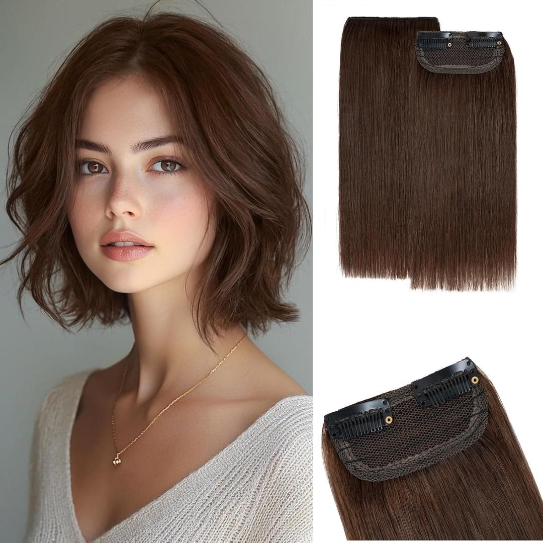 Clip in Short Hair Extensions Real Human Hair,Prokyvity Invisible Human Hair Clip in Extensions Short,6inch/2 pieces Mini Extensions for volume or highligh, Meduim Brown