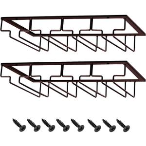 MOCOUM Wine Glasses Rack Under Cabinet Stemware Rack, Wine Glass Hanger Rack Wire Wine Glass Holder Storage Hanger for Cabinet Kitchen Bar (Brown, 4 Rows, Pack of 1)