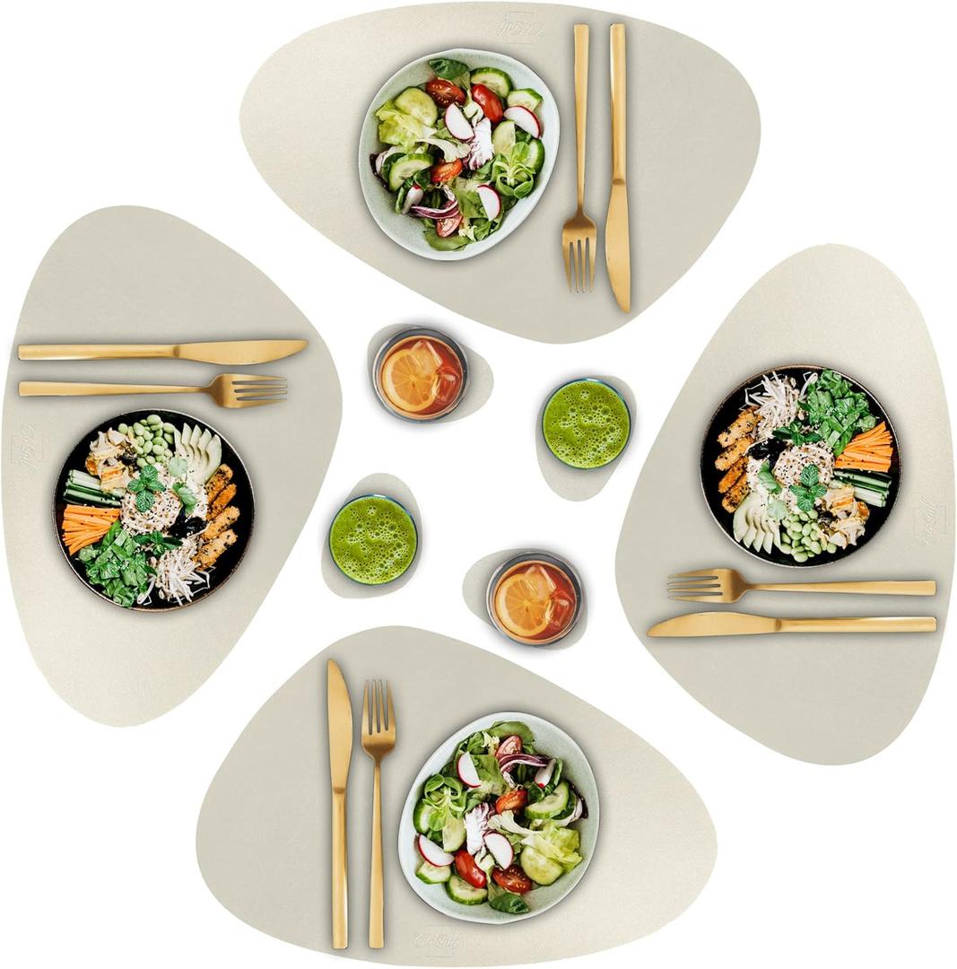 Faux Leather Placemats and Coasters - Set of 4 Round Modern Ivory Table Mats for Dining - Heat Resistant, Waterproof & Non Slip Place mat for Indoor & Outdoor - Wipeable for Easy Care (Ivory)