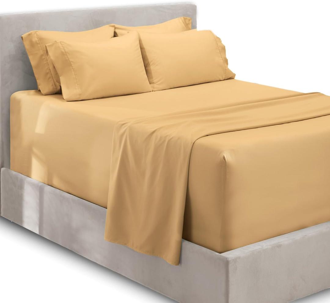Hearth & Harbor Extra Deep Pocket Queen Sheets Sets - Fits Mattress 18-24 Inches Deep - Extra Deep Pocket Sheets - 6 Piece Queen Size - Camel