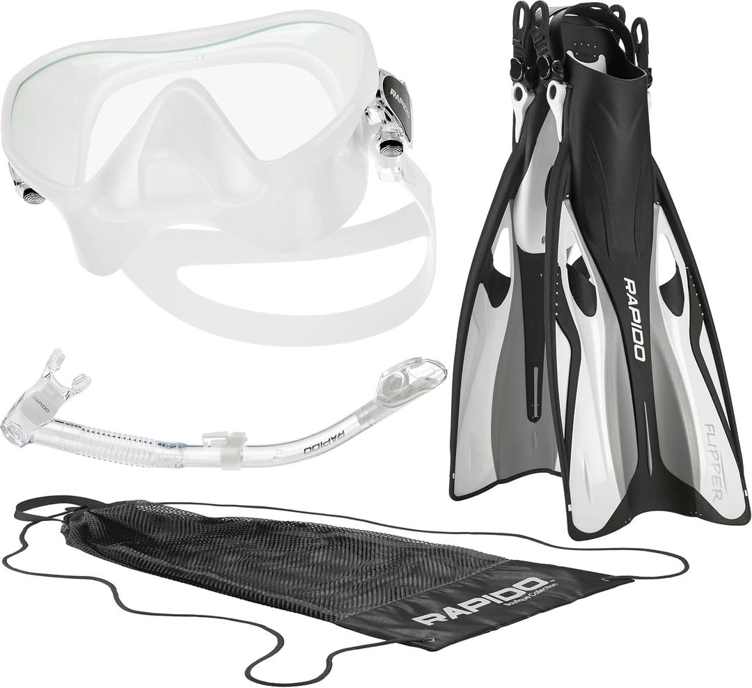 Italian Design Premium Tempered Glass Lens Anti-Fog Panoramic View Frameless Snorkel Mask, Elite Dry Snorkel Tube, Adjustable Fins - Mask Fin Snorkel Set