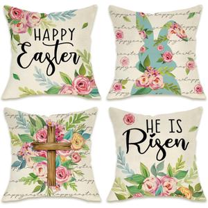 Fahrendom Happy Easter Bunny Christian Decorative Throw Pillow Covers 20 x 20 Set of 4, He is Risen Religious Cross Rabbit Porch Patio Outdoor Pillowcase, Spring Rose Flowers Cushion Case Home Decor