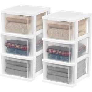 IRIS USA Plastic Drawer Storage Organizer, 3-Drawers, 2-Pack, for Classroom Art Craft Supplies, Bathroom Bedroom, Laundry Room, White/Clear