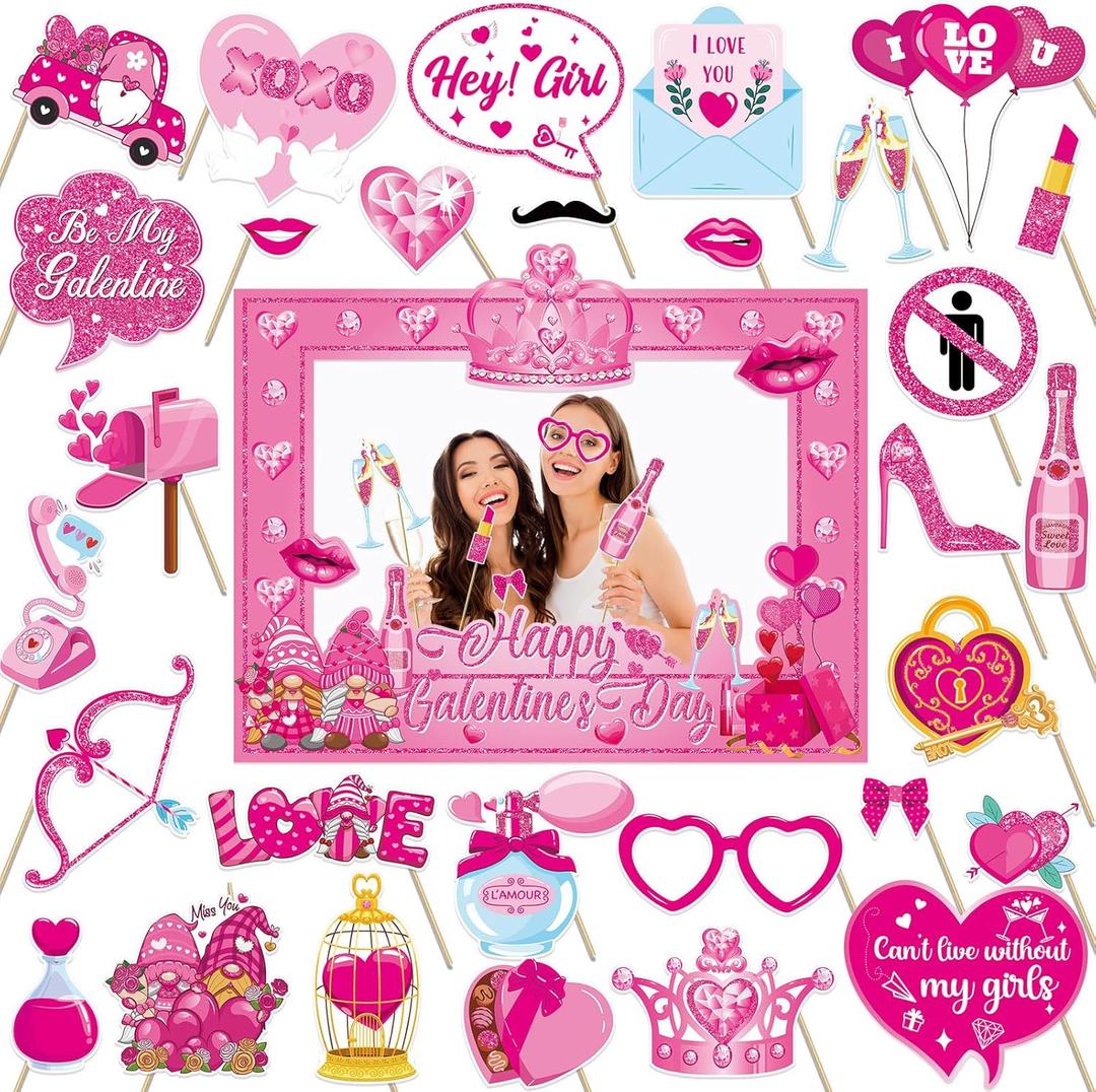 HOWAF Glitter Galentiness Day Photo Booth Props Kit, 1 Happy Galentines Day Photo Booth Frame with 30pcs Galentines Day Selfie Props Kit, Girls Valentines Day Party Decorations Photo Props