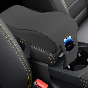 Car Armrest Cushion, Memory Foam Car Center Console Pillow Cushion with Phone Holder Storage Bag, Leather Arm Rest Pillow Cover, Universal Car Armrest Pad Accessories (Black)