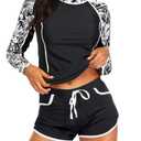 Women's Long Sleeves Rash Guard - 2 Piece Swimsuits with Built in Bra Swim Shirt and Shorts with Pockets XS