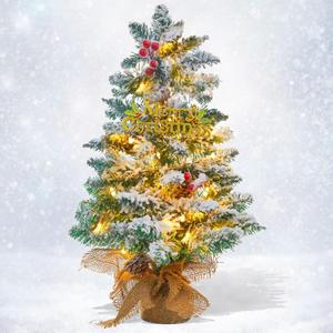 Small Mini Table top Flocked Christmas Tree with 50 LED Lights 24 Inch /2FT Little Prelit Christmas Tree Decorated Gift Boxes and Hanging Ornaments for DIY Christmas Decoration