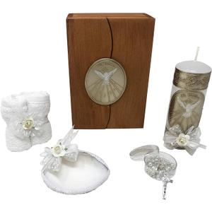 Arcangeles Mexicanos Catholic Baptism Candle Set in a Wooden Box with Towel, Candle, Rosary and Shell for Baby Boys and Girls