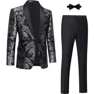 Tuxedo Suits for Men 2 Piece Regular Fit Suit Floral Blazer Jacket Waistcoat Pants Men Suit Set for Wedding Prom,(Bow Tie Not Included) (Large, Black & Silver-2pcs)