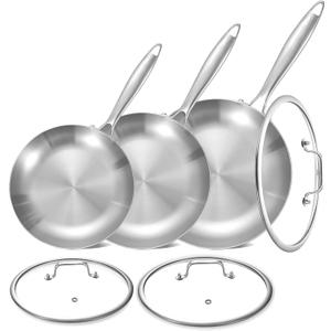 LOLYKITCH 8.5-10-12 Inch Tri-Ply Stainless Steel Frying Pan Set with Lids,Skillets,Induction Cooking Pans,Pots and Pans Set,Dishwasher and Oven Safe.