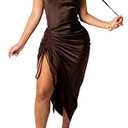 WUSENST Women's Spaghetti Strap Satin Dress Sexy Backless Drawstring Ruched Split Hem Cocktail Evening Party, M, Coffee