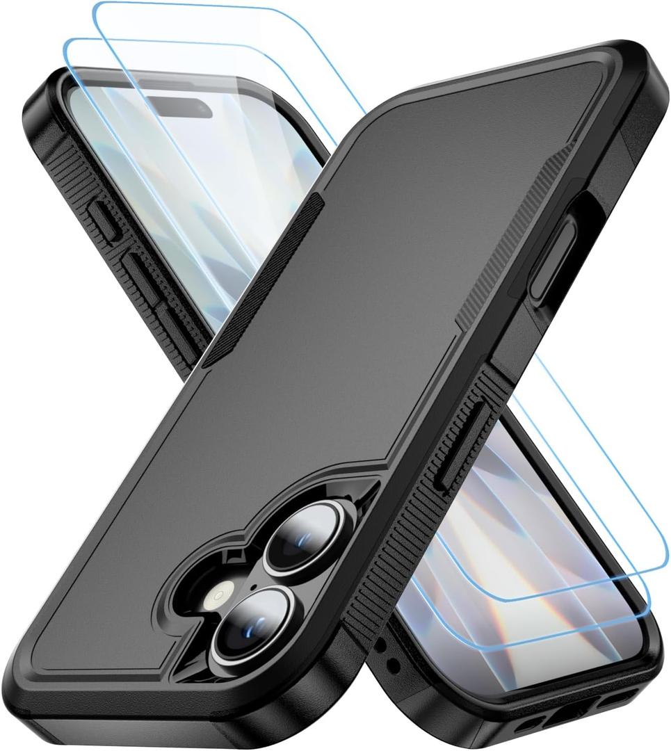 for Apple Recommend Shockproof iPhone 17 Case,[15 FT Military Grade Drop Protection],with 2X [Kevlar 9H Glass Screen Protector] Air Bumpers Full-Body Protective Phone Case, Matte Black