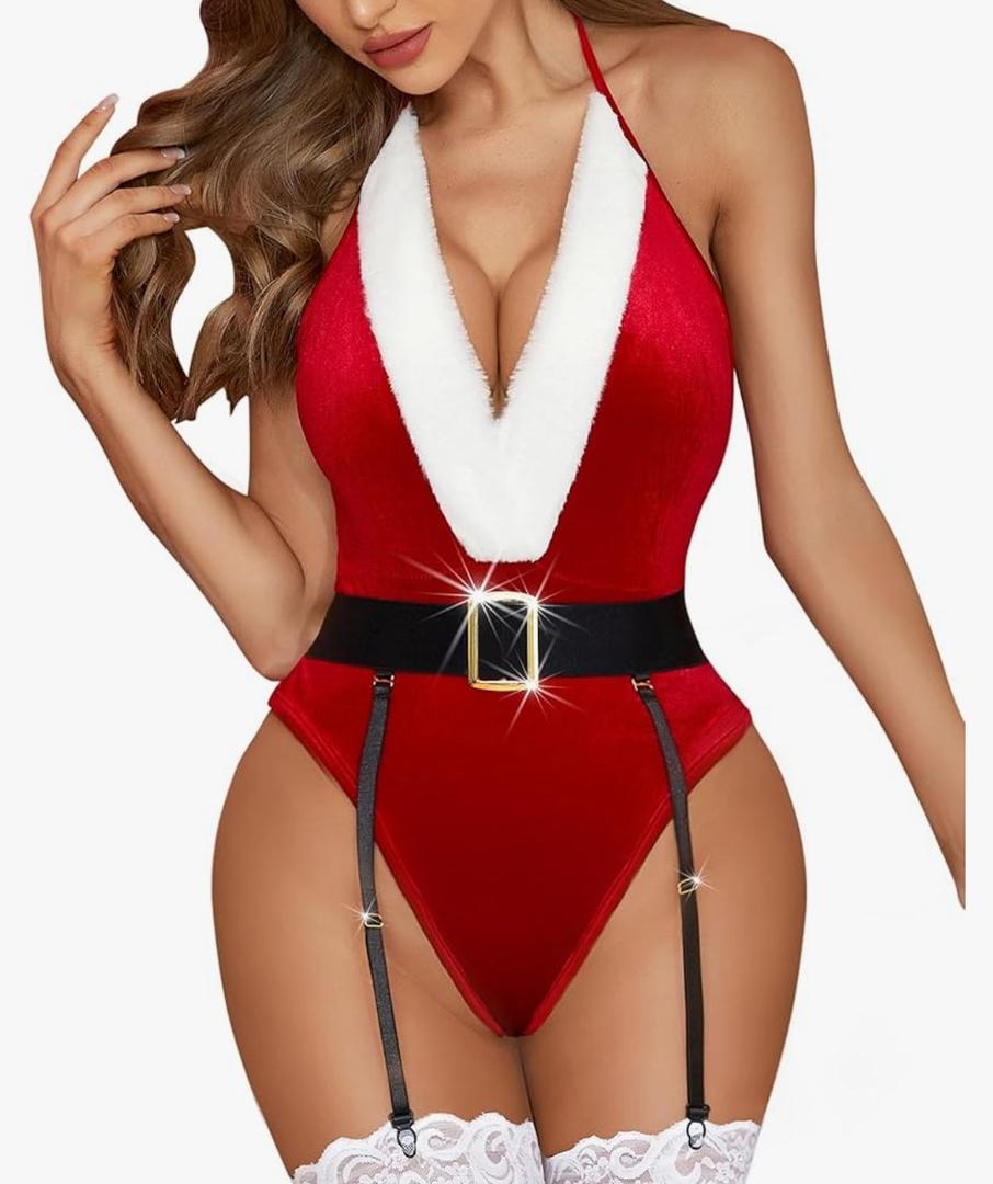 RSLOVE Christmas Costumes for Women Sexy Red Teddy Bodysuit One Piece Santa Babydoll With Belt, M
