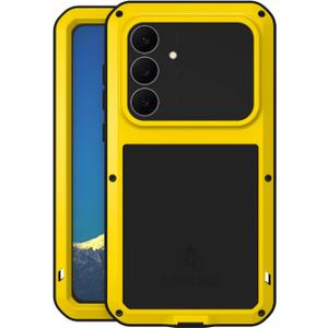 LOVE MEI Military Rugged Case for Samsung Galaxy S25 FE 5G, with Tempered Glass Screen Protector, Shockproof Dustproof Scratch Proof Hybrid Metal and Silicone Gel Heavy Duty Full Body Cover (Yellow)