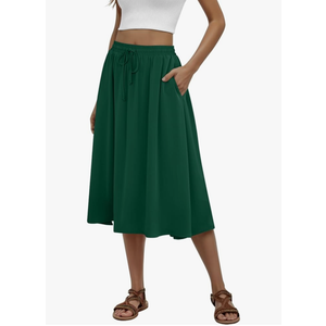 Women's Midi Skirt Summer Pleated Flowy Elastic High Waisted Skirts with Pockets, Size S