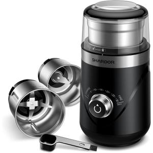 SHARDOR Electric Super Silent Blade Coffee Grinder, Timed Grind Control Rotary Knob, Adjustable Coarse to Fine for Coffee Beans, Spices & Herbs, with 2 Removable Stainless Steel Bowl, Black