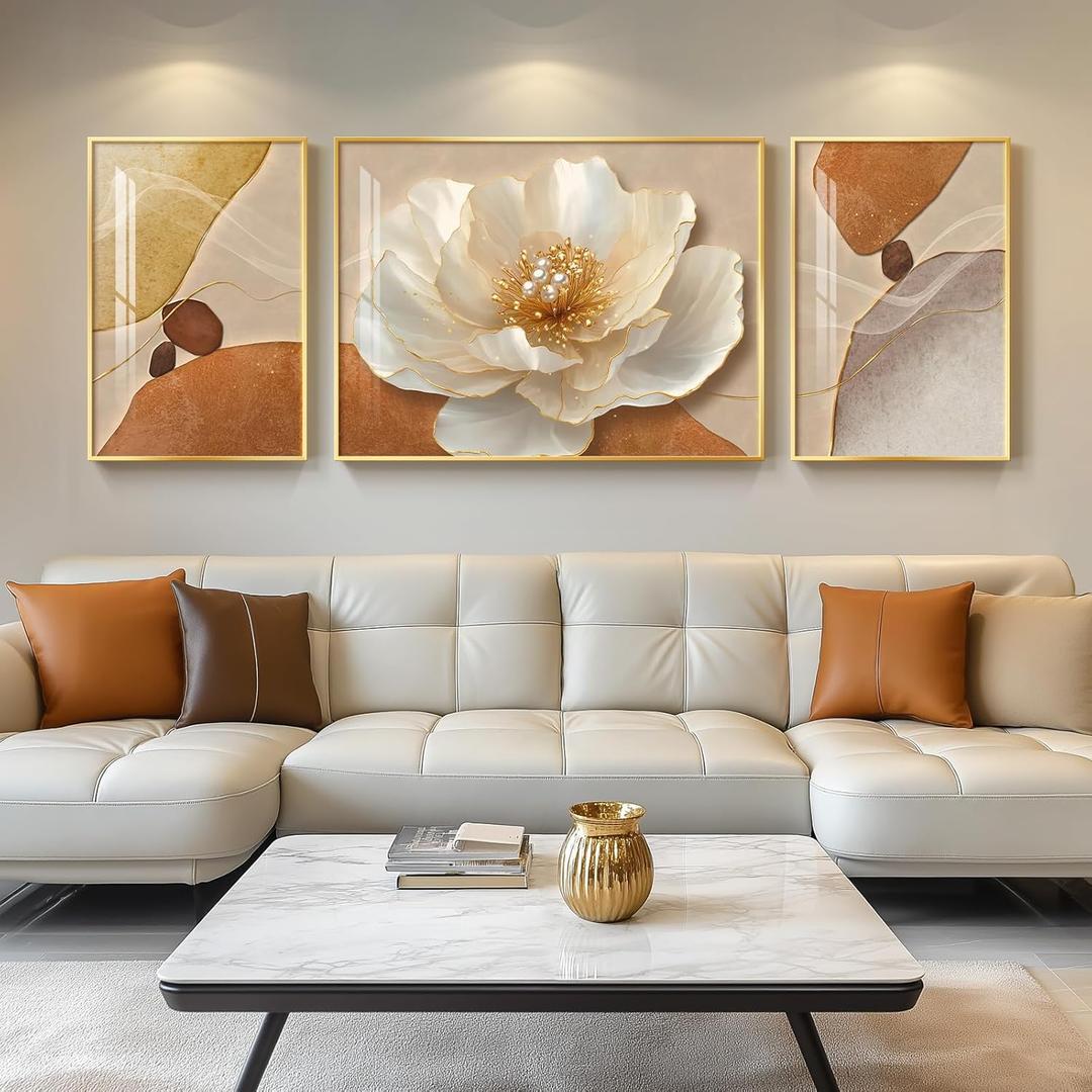 Extra Large Framed Modern Elegant Gold Floral Wall Art for Living Room, 3 Piece Bright Style Art Prints Paintings Artwork for Walls, Gold Frame Luxury Pictures for Hallway Stair Office Wall Decor