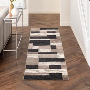 Superior Indoor Runner Rug, Foam Backed, Modern Geometric Patchwork Floor Decor for Bedroom, Office, Living Room, Entryway, Hardwood Floors, Rockwood Collection, 2' 7" x 6', Chocolate