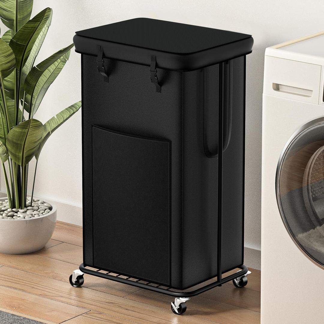 YKDIRECT 100L Large Laundry Hampers with Lid, Oxford Fabric Laundry Hampers Clothes Hampers, Metal Frame and Removable Bag Design with Wheels, Suitable for Bedroom, Bathroom (100L Black&Lid, 100L)