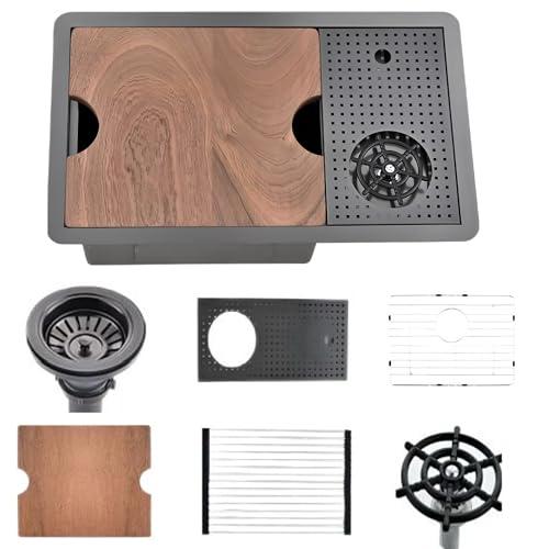 BRONSTARZ 24 Inch Nano Black Undermount Hidden Bar Sink with Glass Rinser 24x14 Stainless Steel Undermount Workstation Sink Bar Prep Sink 16 Gauge Single Bowl Undermount Kitchen Sink with Cup Washer