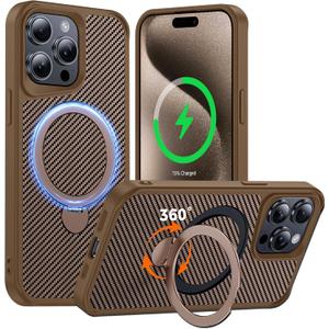 FlyReal Designed for iPhone 15 Pro Case with 360 Magnetic Stand, Carbon Fiber Phone Case [Compatible with Magsafe] [16FT Military Protection] with Rotatable Ring Stand 6.1'', Desert Titanium