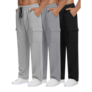 Neer 3 Pack Men's Cargo Sweatpants Baggy Open Bottom Straight Leg Drawstring Joggers Casual Lounge Pants with Pockets M