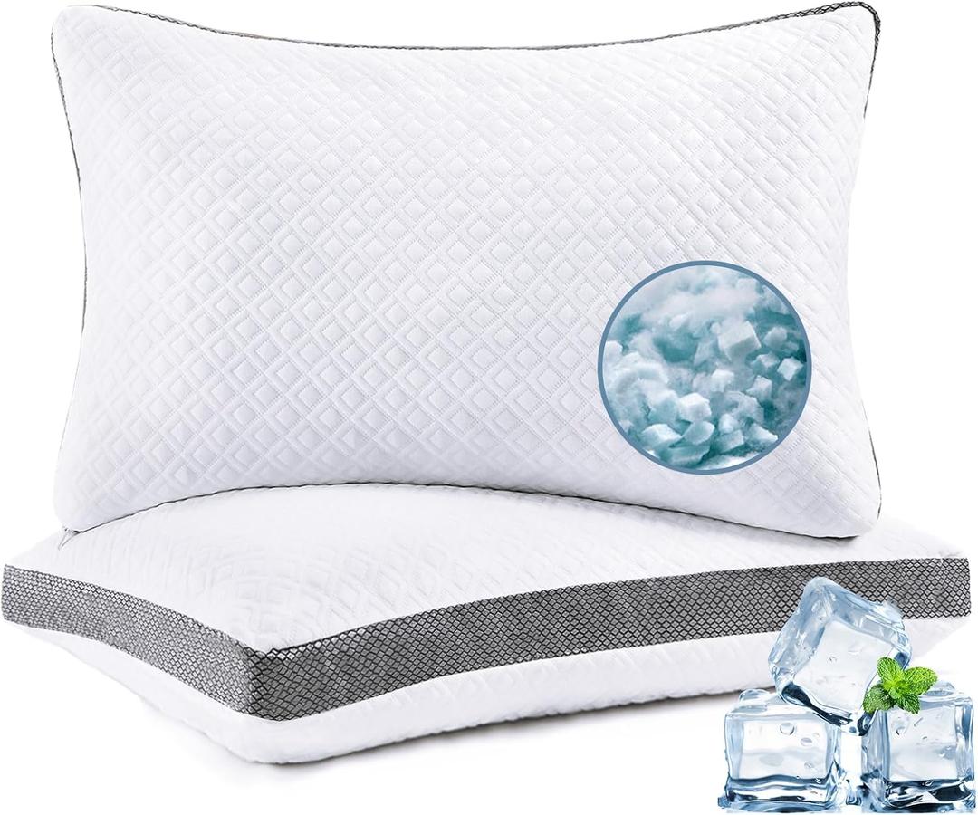 Tencel Cooling Pillows Queen Size Set of 2, Shredded Memory Foam, Hotel Quality, Gusseted Bed Pillows for Back & Side Sleepers, Adjustable Queen Size with Washable Cover