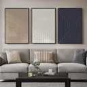 Large Framed Neutral Abstract Wall Art for Living Room, 3 Piece Modern Canvas Prints Paintings, Beige and Deep Blue Minimalist Geometric Pictures for Hallway Dining Bedroom Office Wall Decor 24x36 In, 24" W X 36" H X 3pcs
