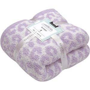 bearberry Fuzzy Leopard Knitted Throw Blanket Soft Cozy Warm Microfiber Blanket for Couch Sofa Bed Travel (Purple/Cream, 51"x70")