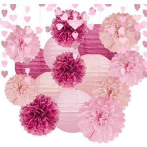 Hot-Pink Decorations for Party - 17pcs Tissue Paper Flowers Pom Poms Lanterns Birthday Bridal Baby Shower Wedding Anniversary Bachelorette Engagement Graduation Hanging Decor Hongtongtong