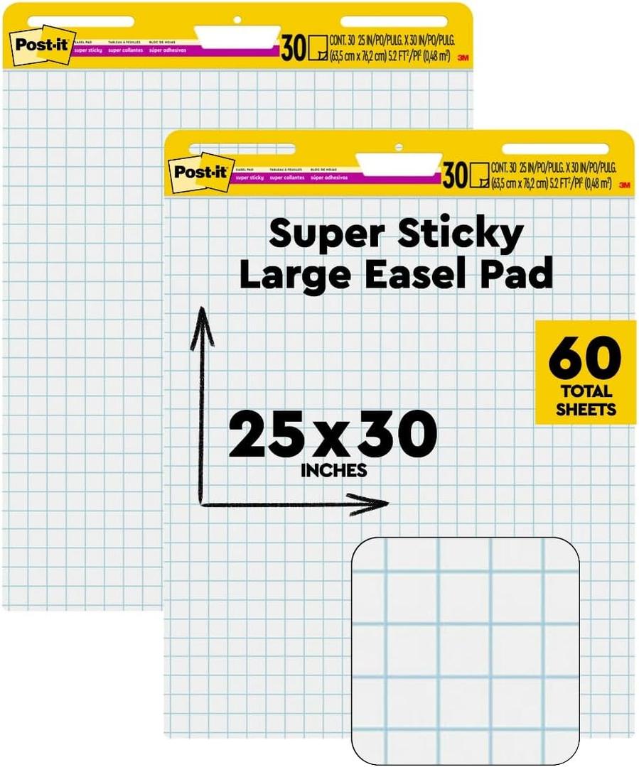 Post-it Super Sticky Easel Pad, 25 x 30 Inches, 30 Sheets/Pad, 2 Pads (560), Large White Grid Premium Self Stick Flip Chart Paper, Super Sticking Power